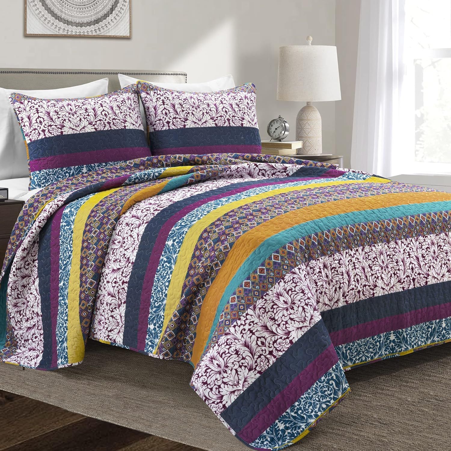 Boho Stripe Reversible Cotton Full/Queen Quilt Set in Plum and Yellow