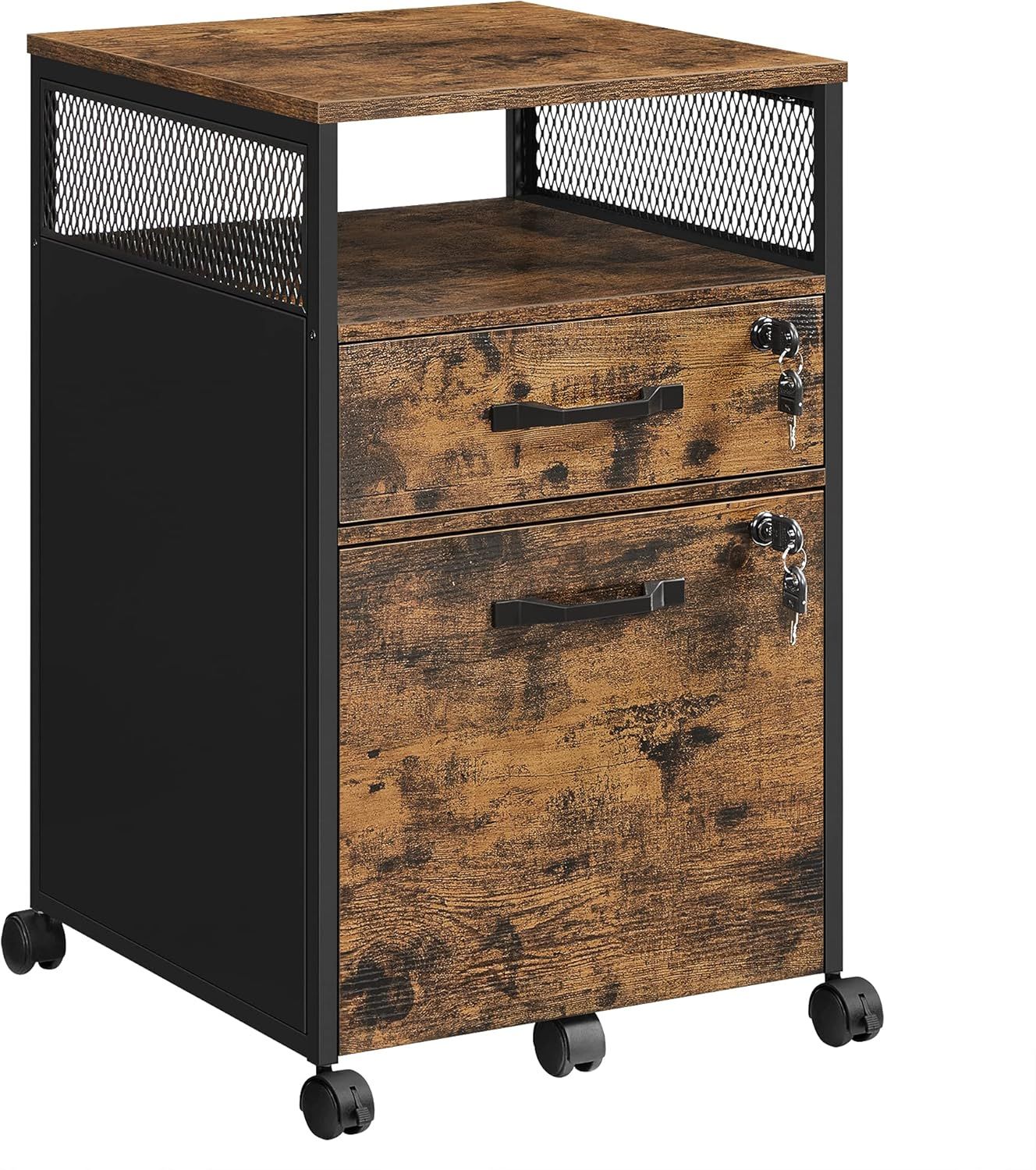 Rustic Brown and Black Mobile Lockable 2-Drawer File Cabinet