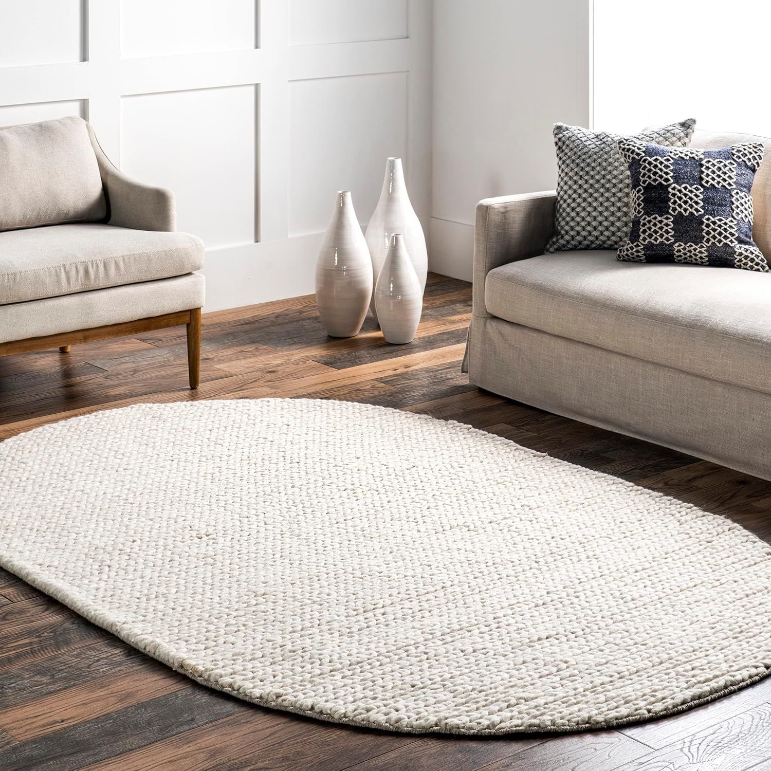 Off-White Oval Braided Wool 8' x 10' Area Rug