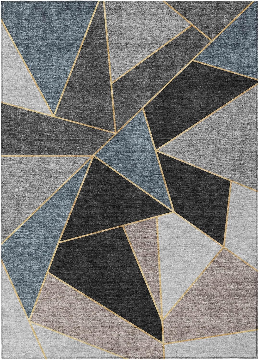 Blue and Gray Geometric Machine-Washable 3' x 5' Area Rug