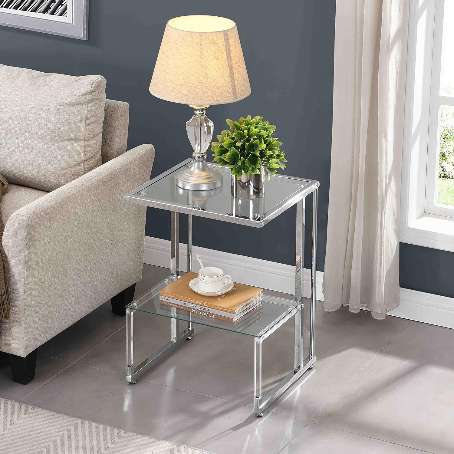 Silver Chrome and Glass 2-Tier Rectangular End Table