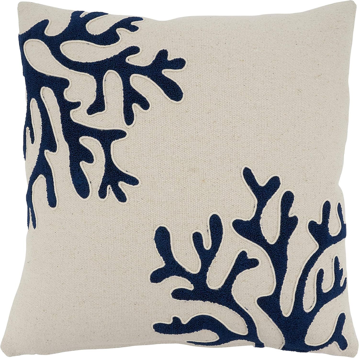 Ivory and Navy Coral Design 18" Square Cotton Throw Pillow