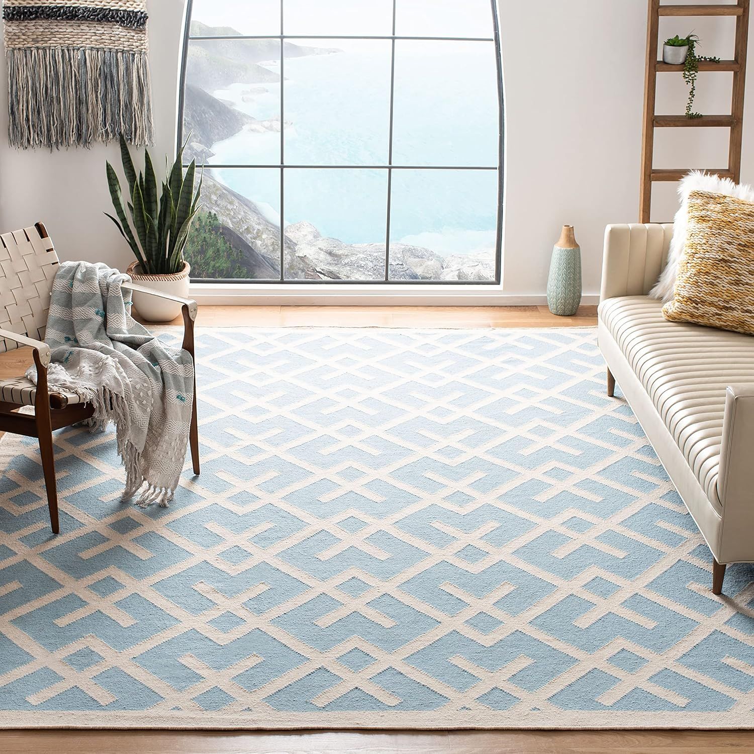 Ivory and Light Blue Geometric Wool Square Rug, 8' x 8'