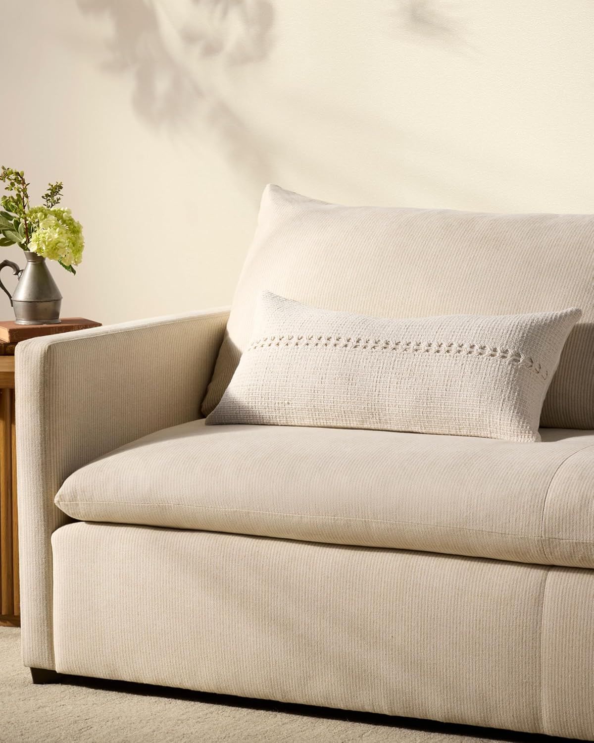White Cotton Lumbar Pillow with Textured Stripe, 12'' x 27''