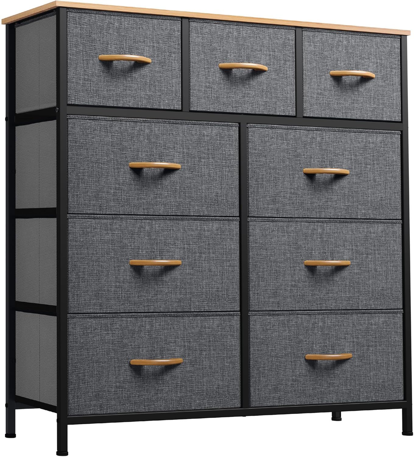 Cool Gray 9-Drawer Fabric Dresser with Wooden Top