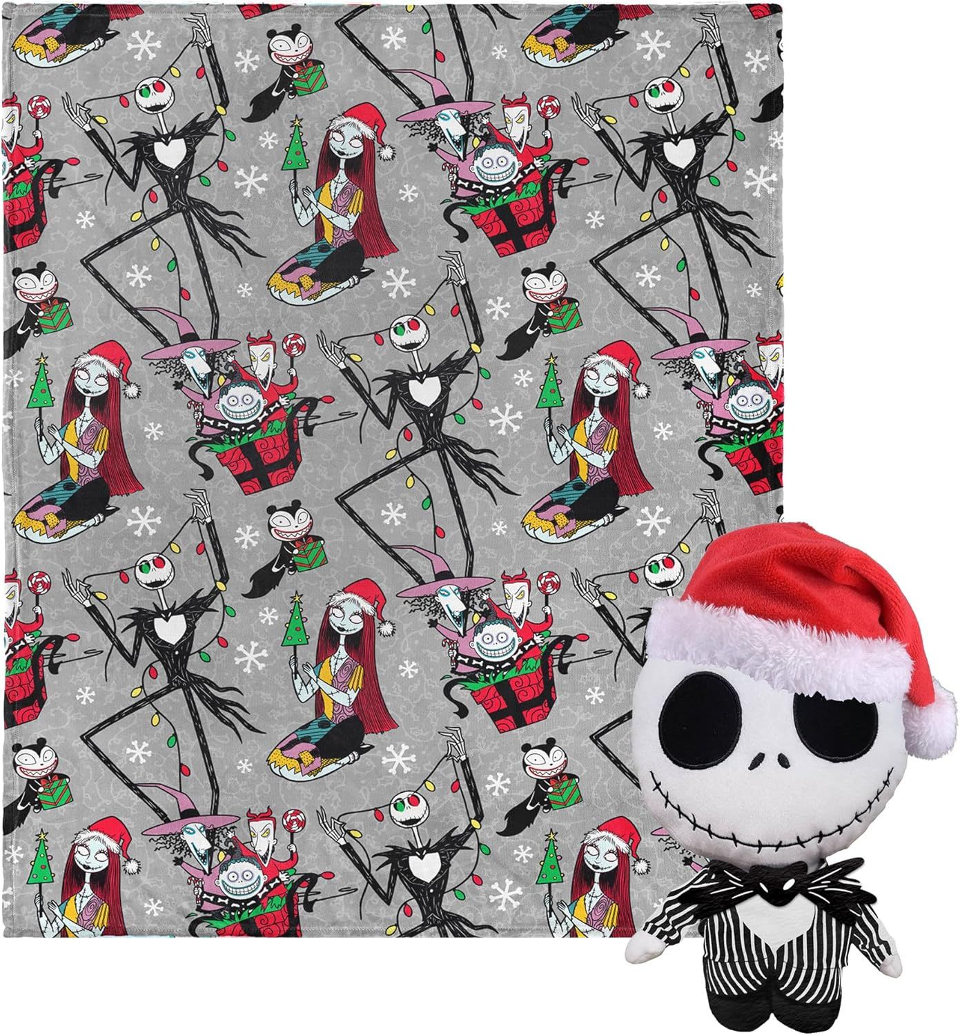 Gray and Red Polyester Christmas Throw Blanket Set with Character Pillow