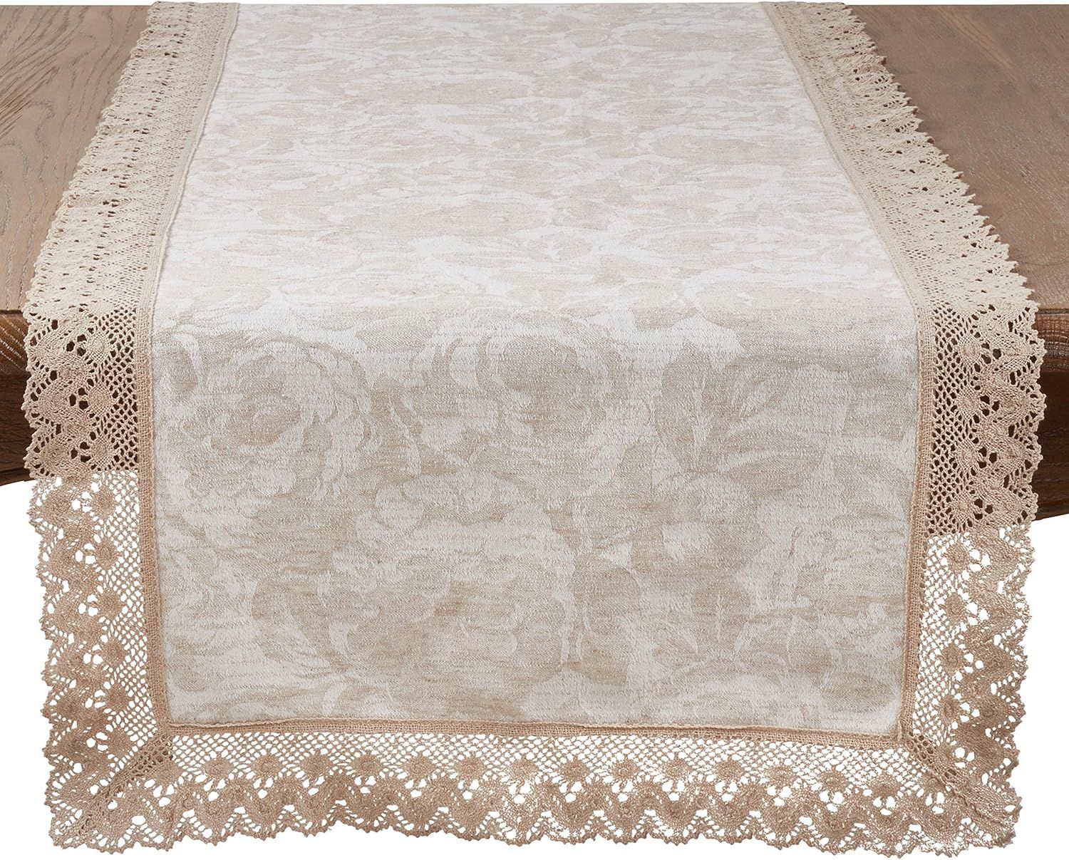 Natural Cotton Linen Jacquard Lace Trim Table Runner 16" x 120"