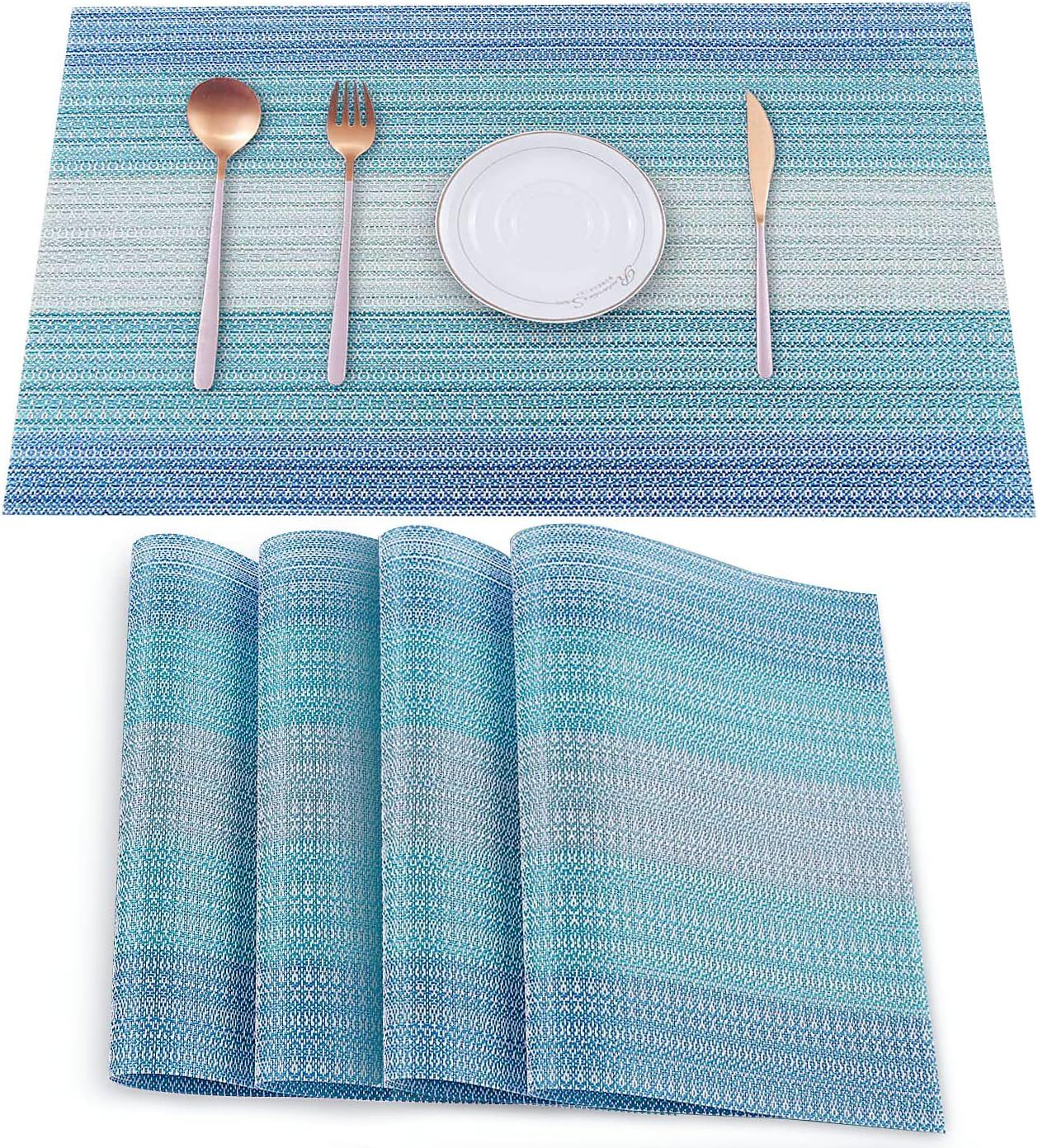 Blue and White Vinyl Woven Placemats Set of 4