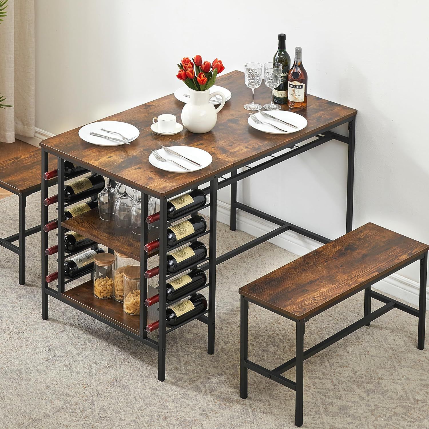 Rustic Brown 3-Piece Dining Table Set with Storage and Wine Rack