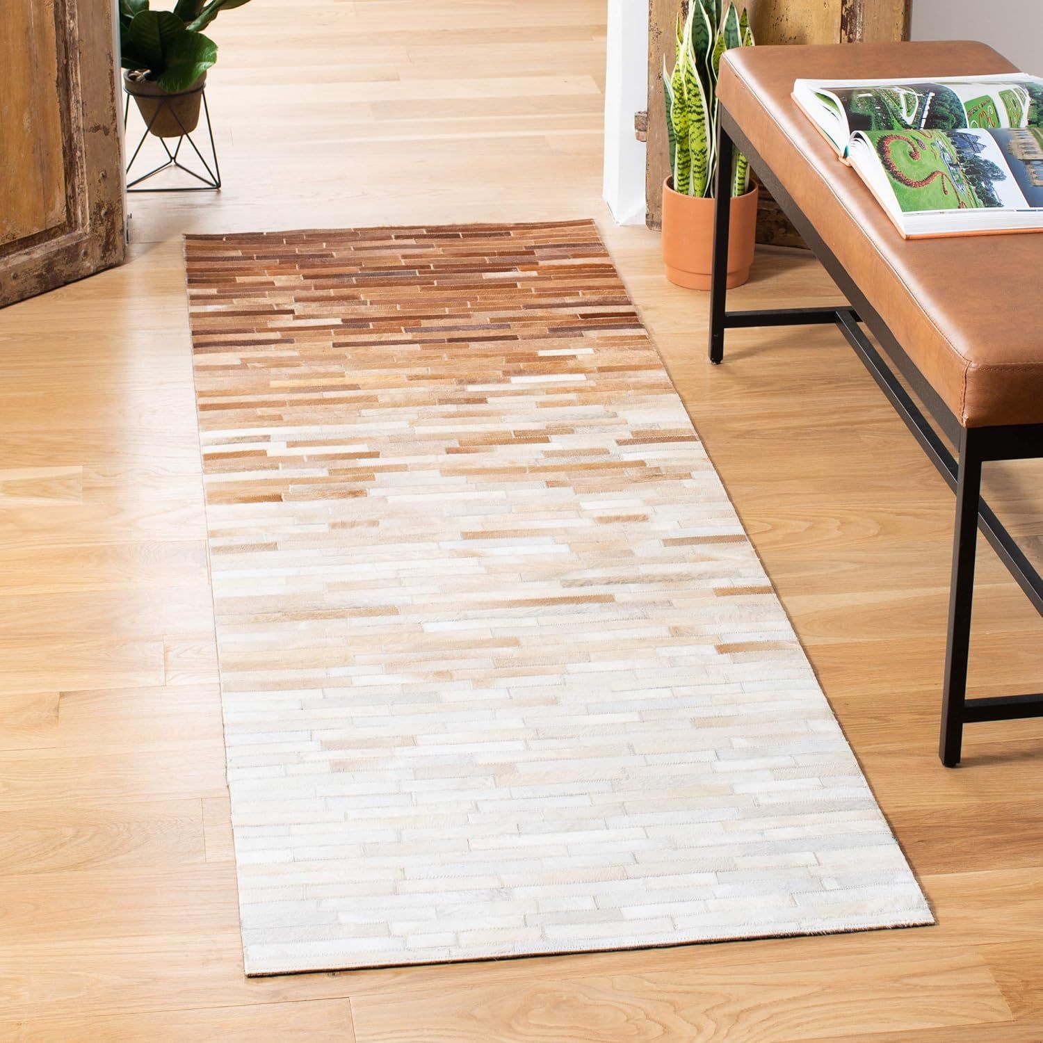 Ivory and Brown Handmade Geometric Cowhide Runner Rug