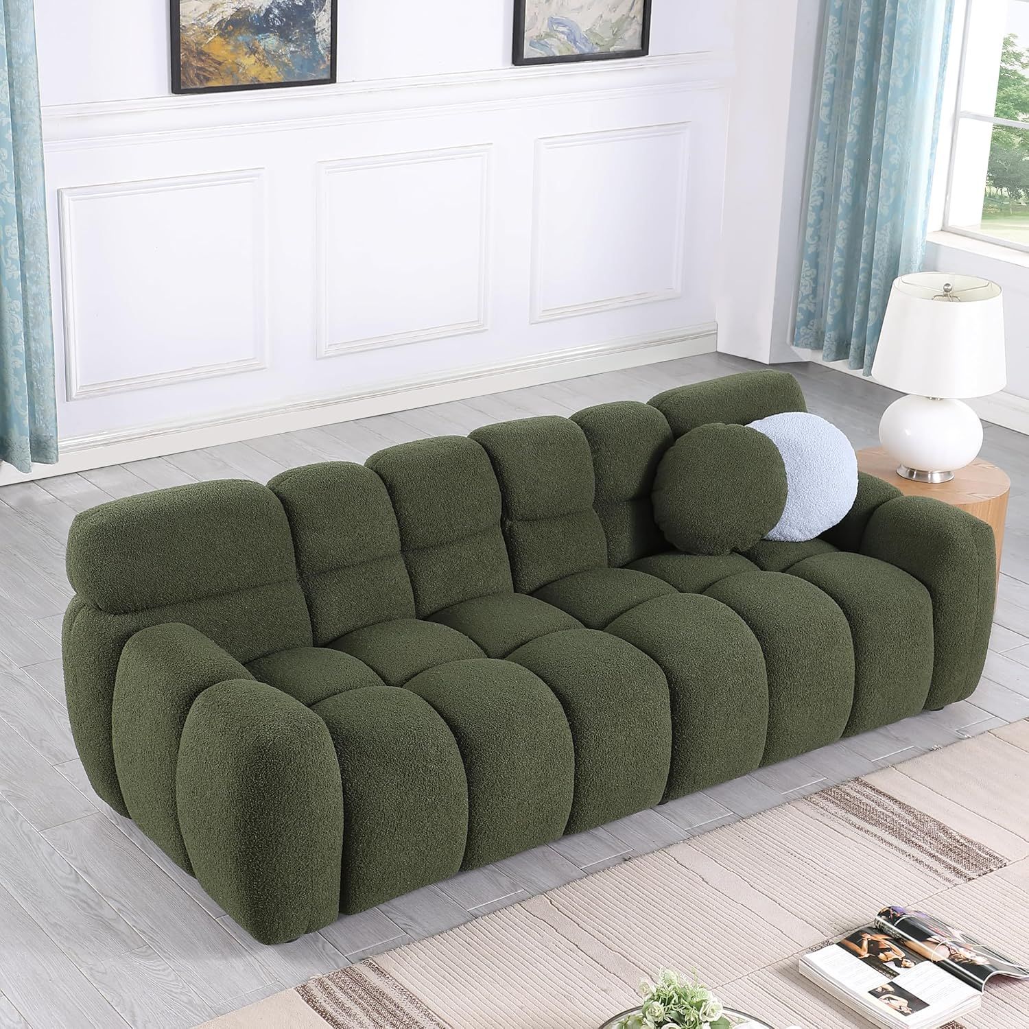 Olive Green Boucle 87" Modern Cloud Sofa with Pillows