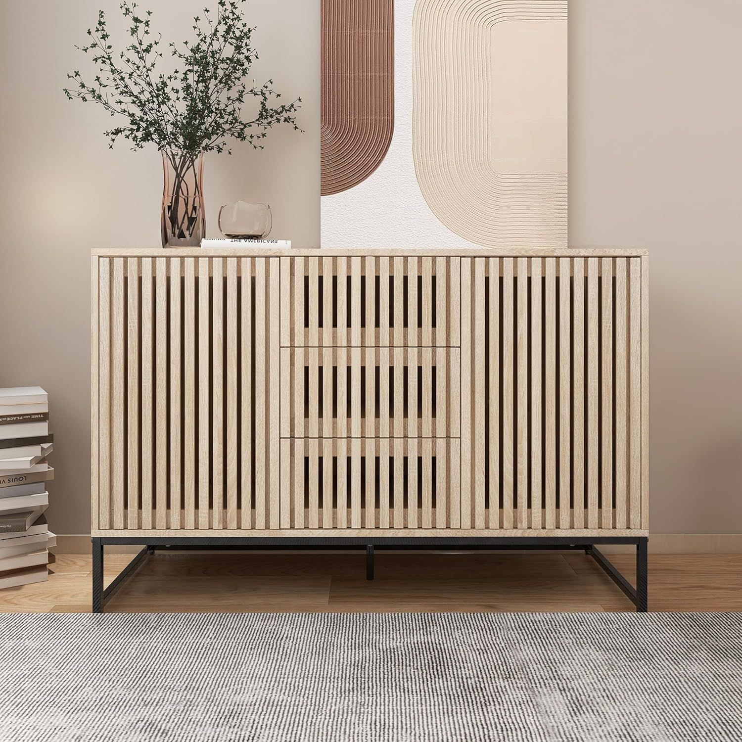 Natural Wood Fluted Sideboard with Metal Base and Drawers