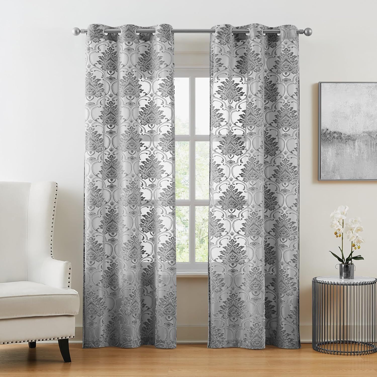 Silver Sheer Velvet Floral Grommet Window Panels