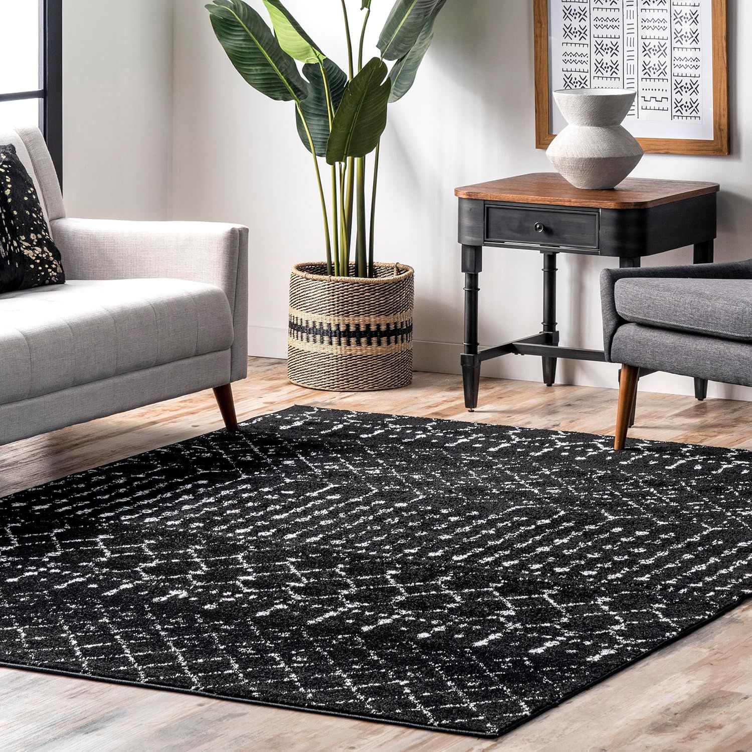 Elysian 8' x 10' White and Black Geometric Synthetic Area Rug