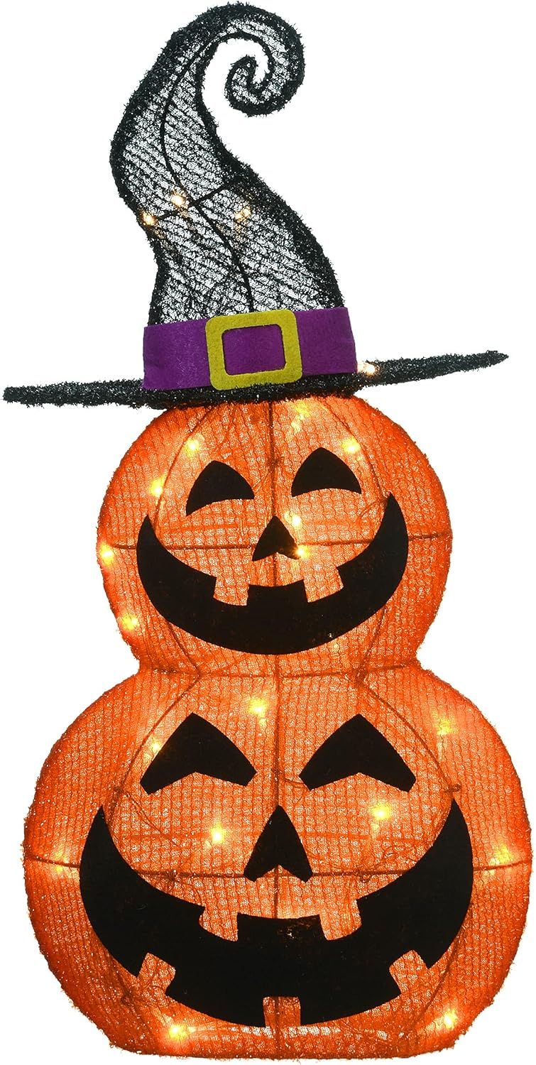 19" Pre-Lit Stacked Jack O Lanterns with Witch's Hat