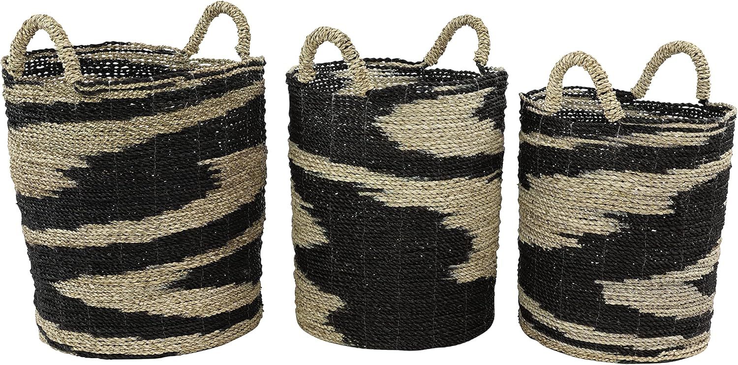 Black and Natural Seagrass Round Woven Storage Baskets, Set of 3