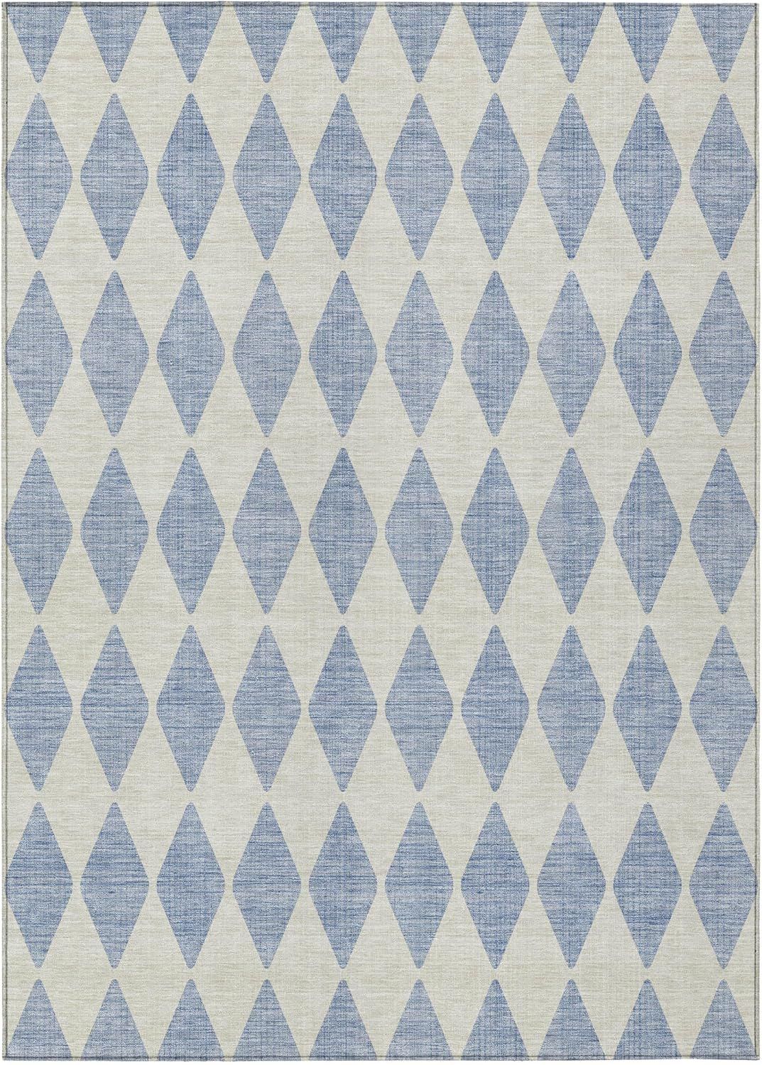 Sky Blue Diamond Pattern Washable Synthetic Rug 5' x 7'