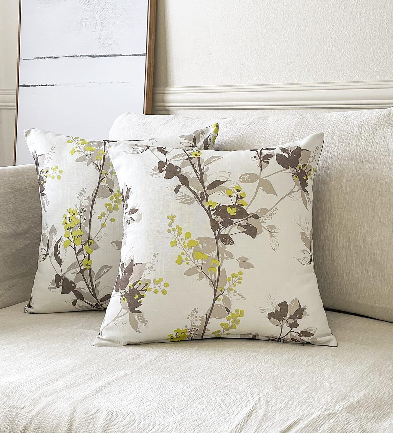 Ivory Floral Print Polyester Square Throw Pillow Set