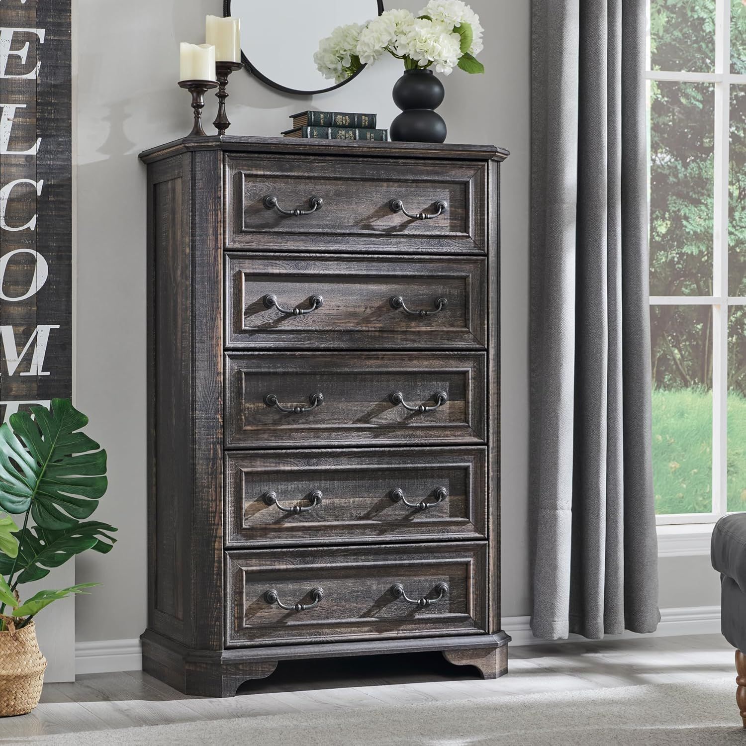 Dark Rustic Oak Farmhouse 5-Drawer Vertical Wood Dresser