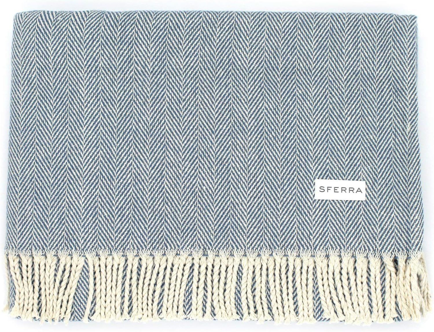 Rustic Cadet Cotton Herringbone Throw with Fringe