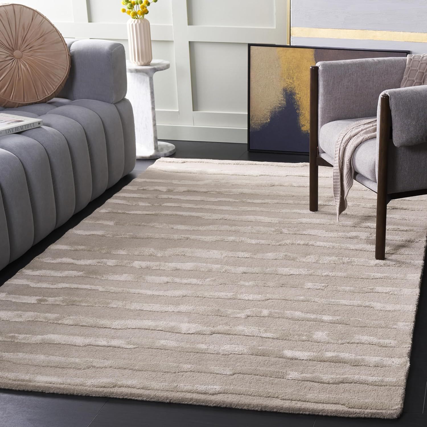 Gray Tufted Handmade Wool and Viscose Area Rug, 5' x 8'