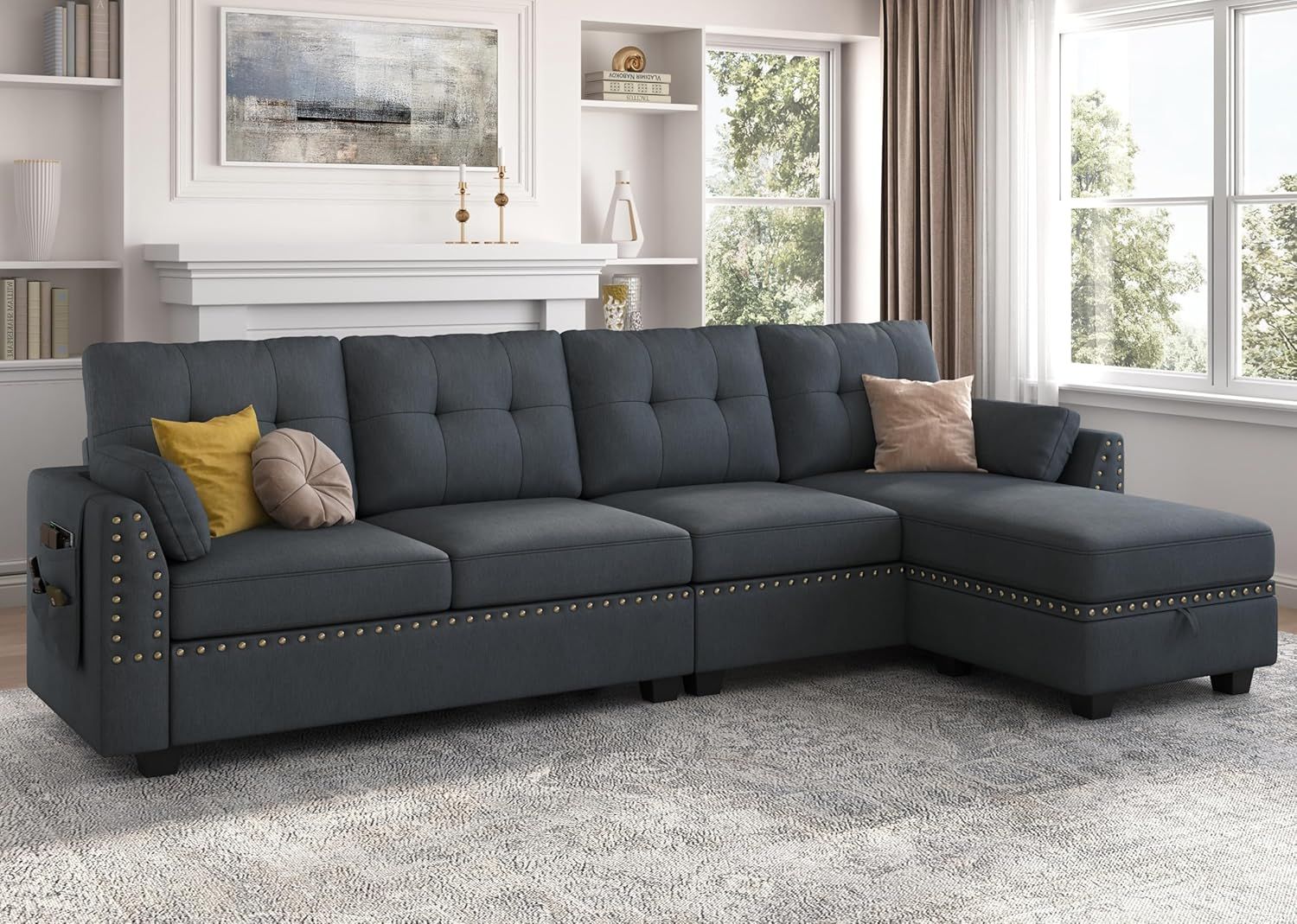 Bluish Grey Tufted Four Piece Fabric Sectional with Ottoman