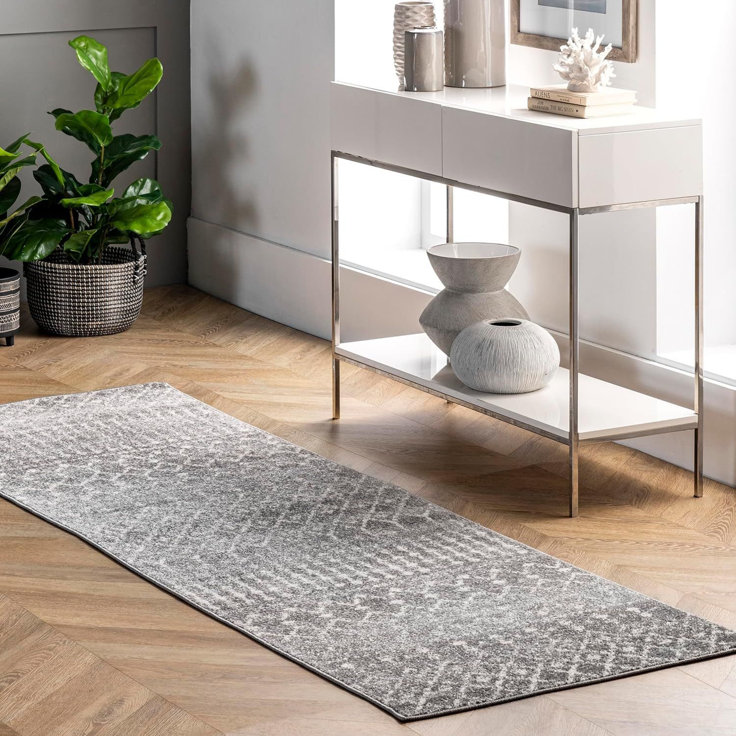 Dark Grey Geometric Synthetic Runner Rug, 34" x 7"