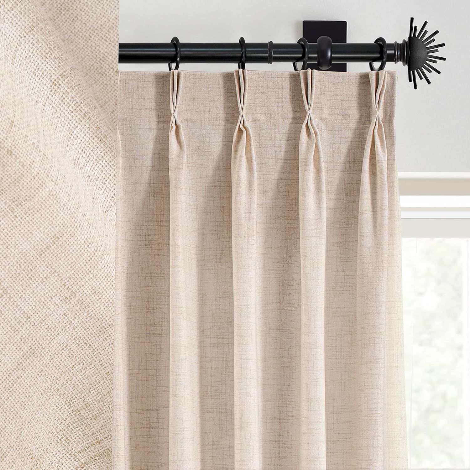 Beige Linen Textured Semi Sheer Pleated Curtain Panels