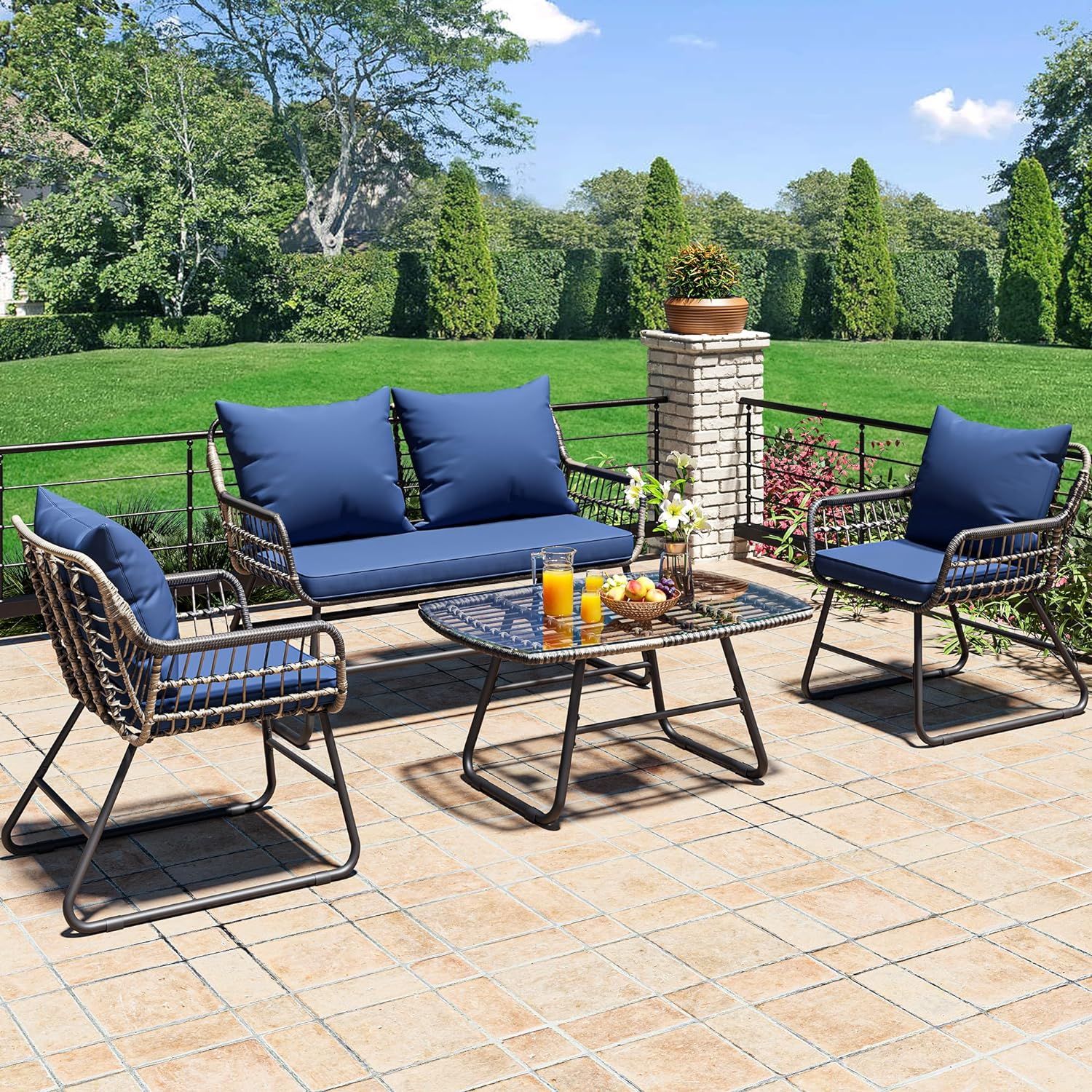 Navy Blue 4-Piece Wicker Patio Conversation Set with Cushions and Metal Table