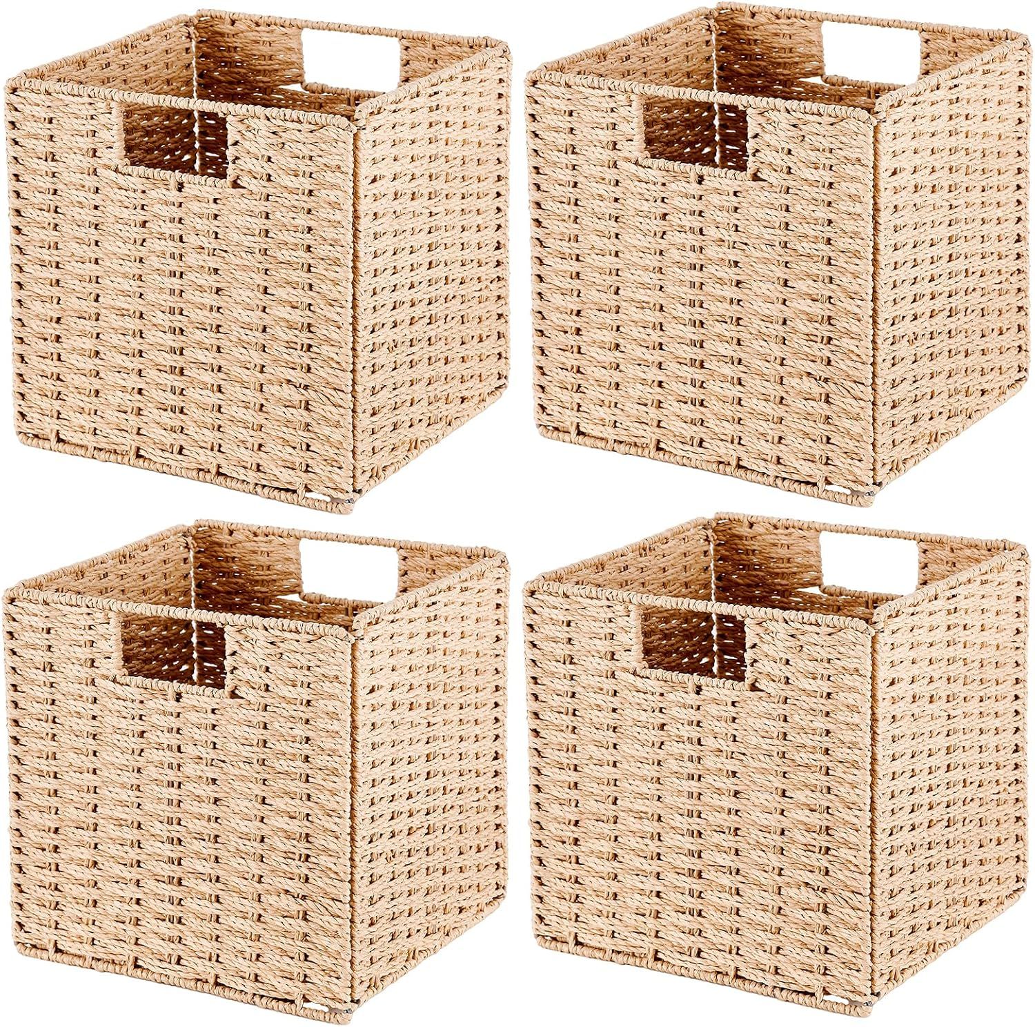 Natural Wicker Rectangular Storage Baskets with Handles, Set of 4