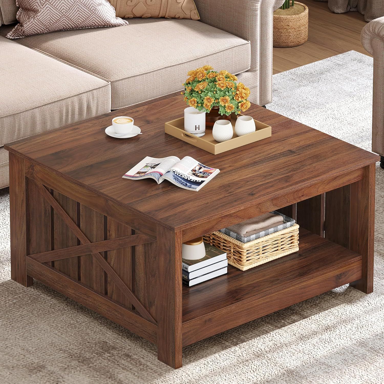 Square Rustic Wood Coffee Table with Storage