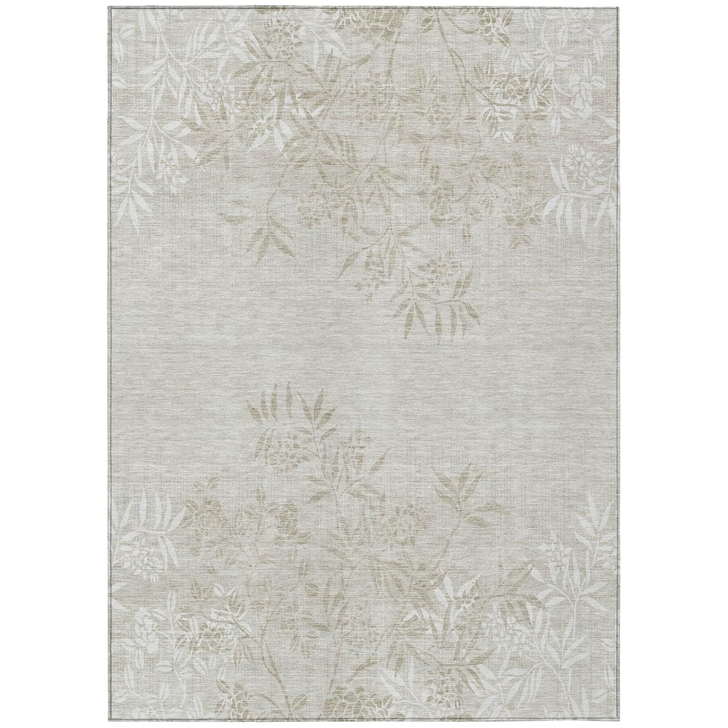 Beige Floral 10' x 14' Machine-Washable Indoor/Outdoor Area Rug