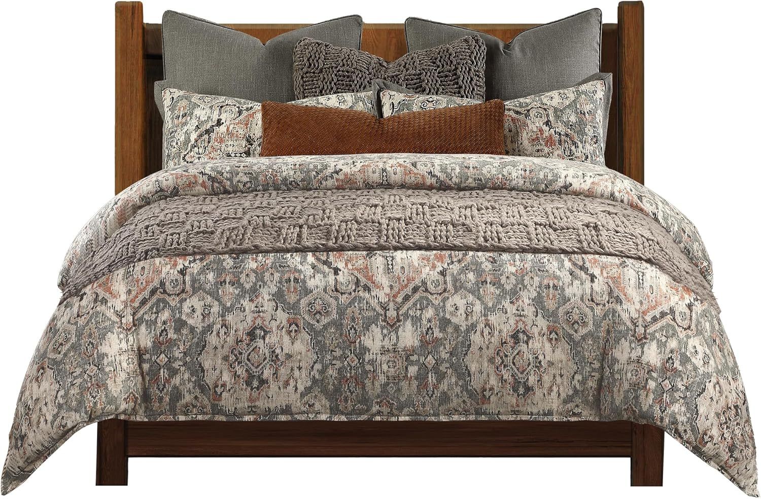 Gray Medallion Pattern Linen King Duvet Cover Set