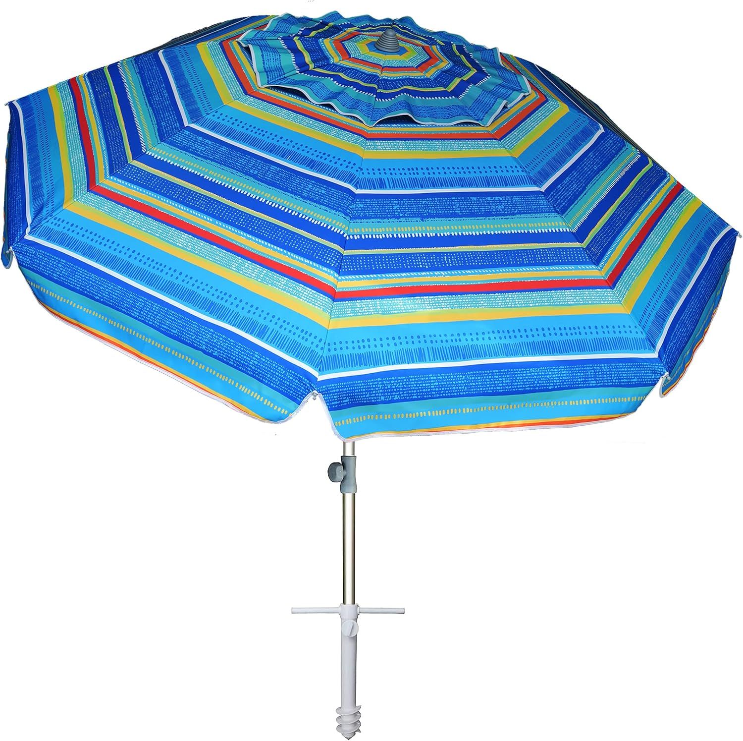 7ft Multicolor Blue Striped Beach Umbrella with Sand Anchor