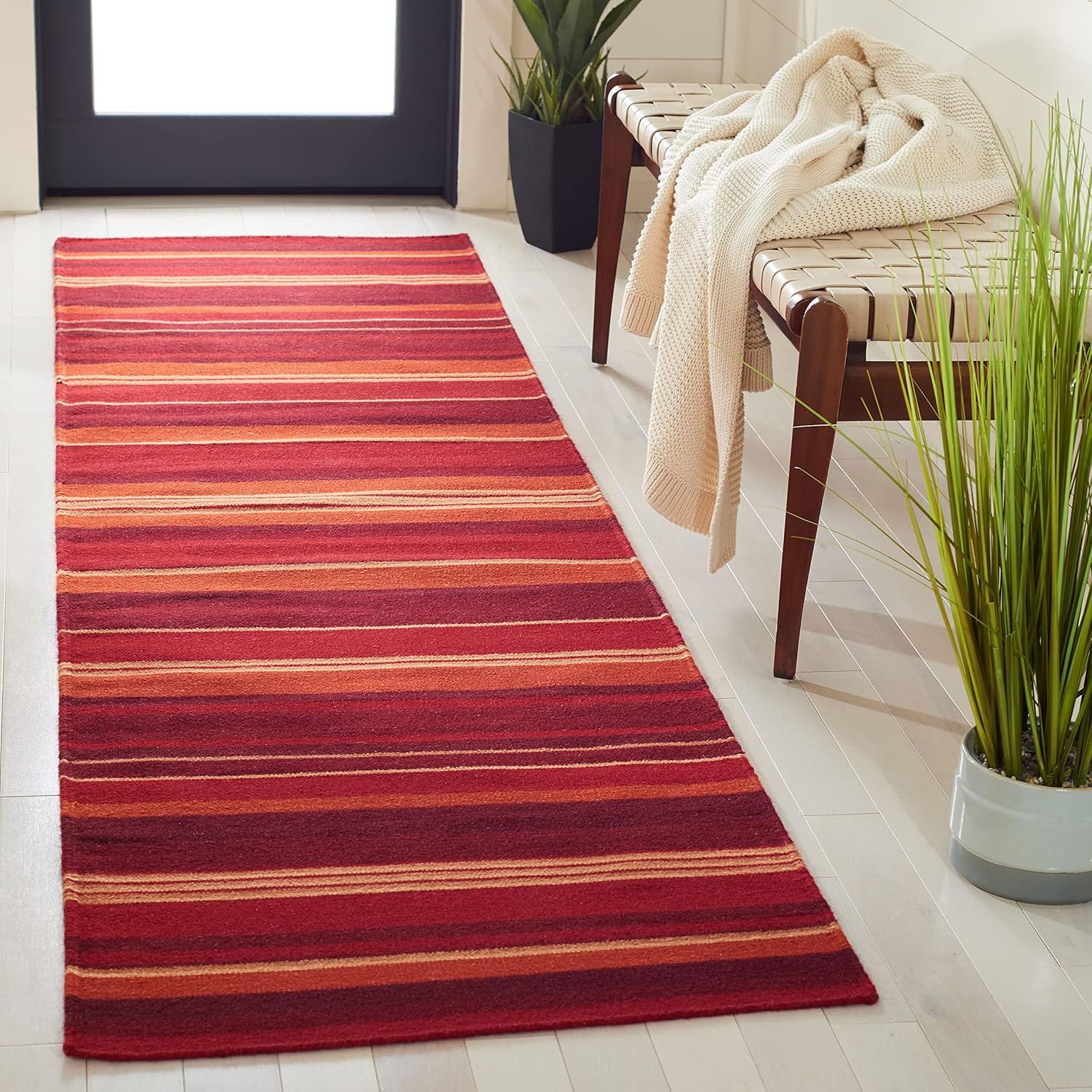 Handmade Red and White Striped Wool Kilim Rug, 2' 3" x 9'