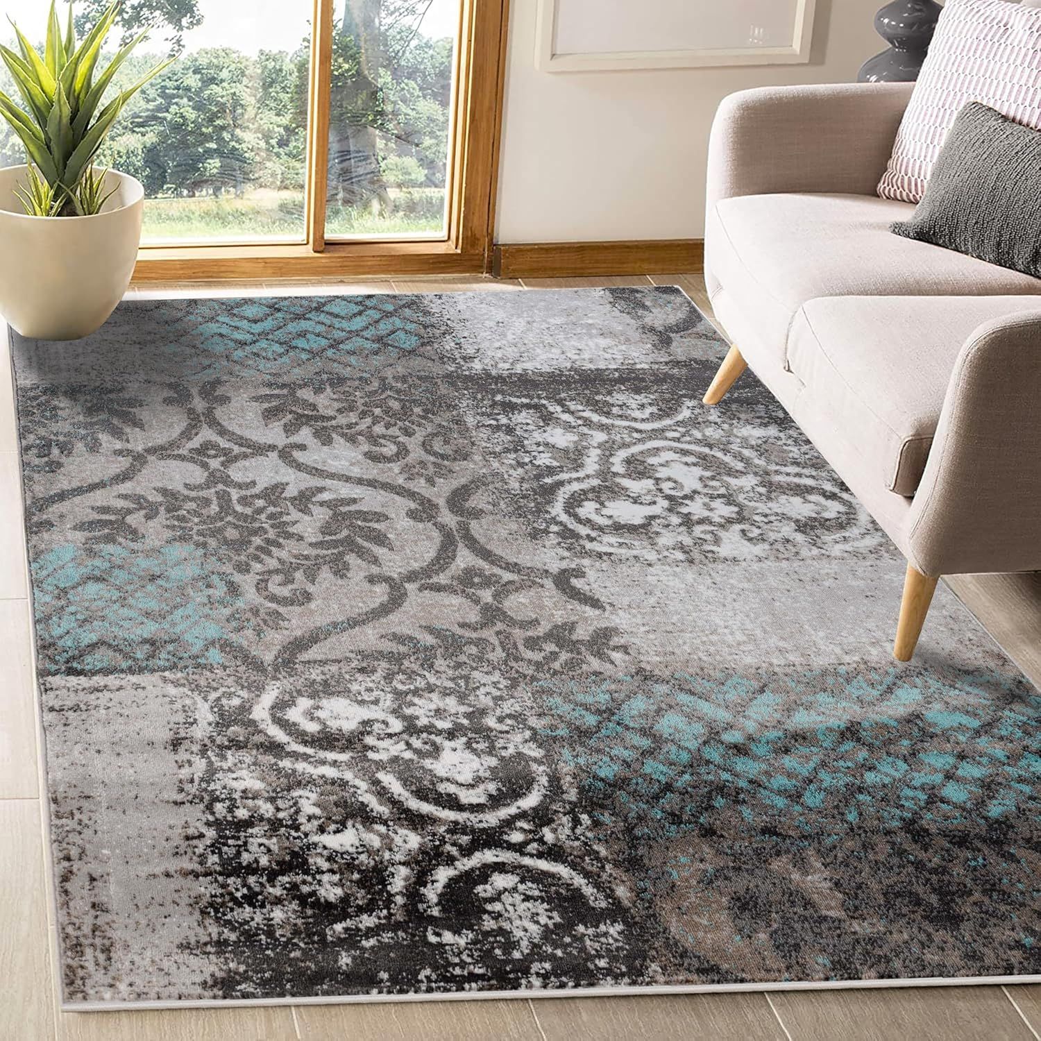 Rivulet Gray and Blue Abstract Damask 3' x 5' Area Rug