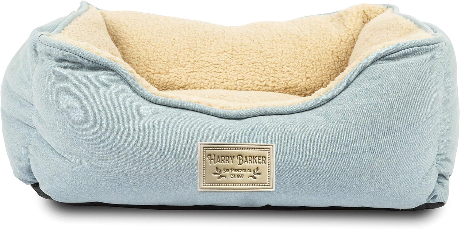 Small Blue Chambray Orthopedic Sherpa Dog Bed