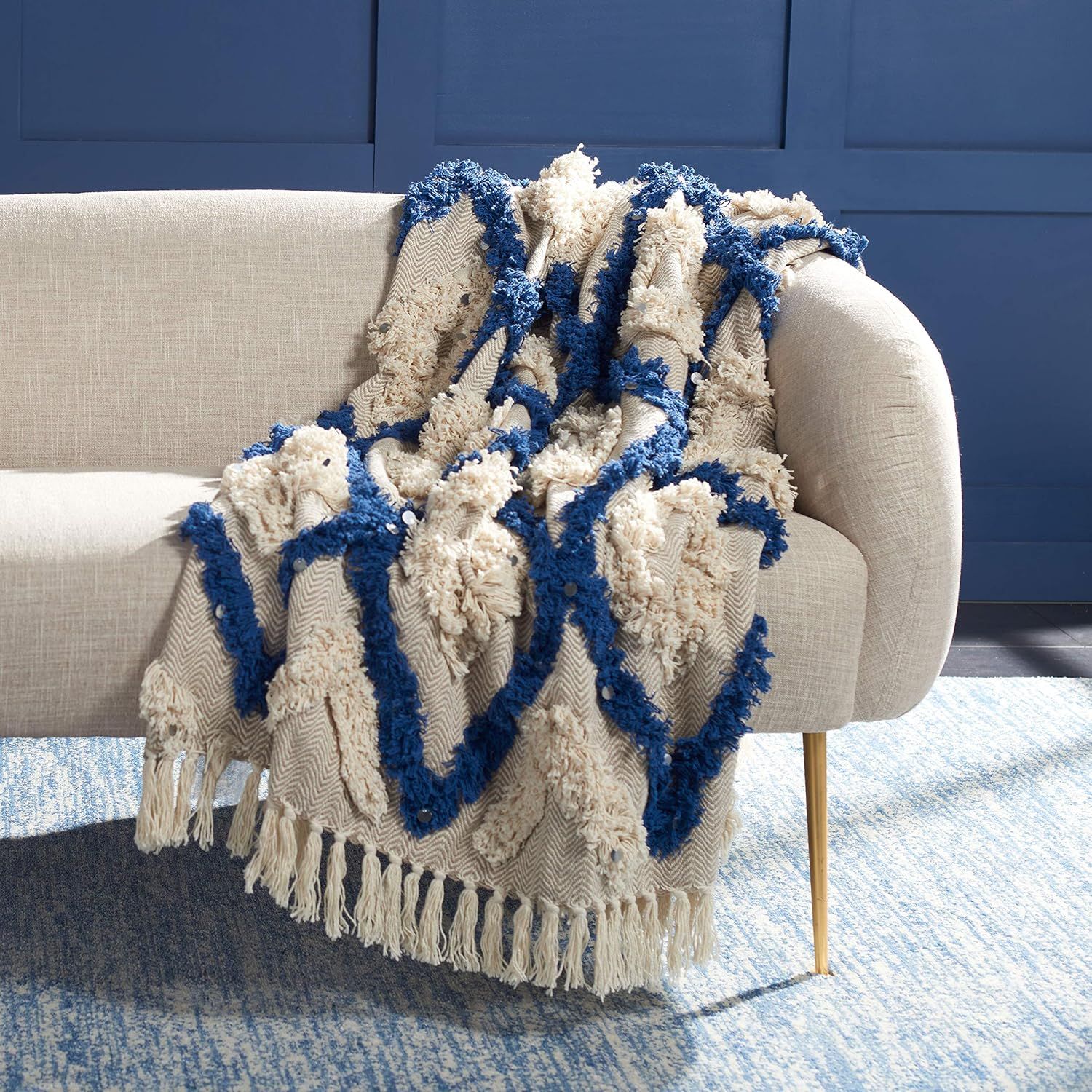 Lila Grace Navy and Beige Cotton Fringe Throw