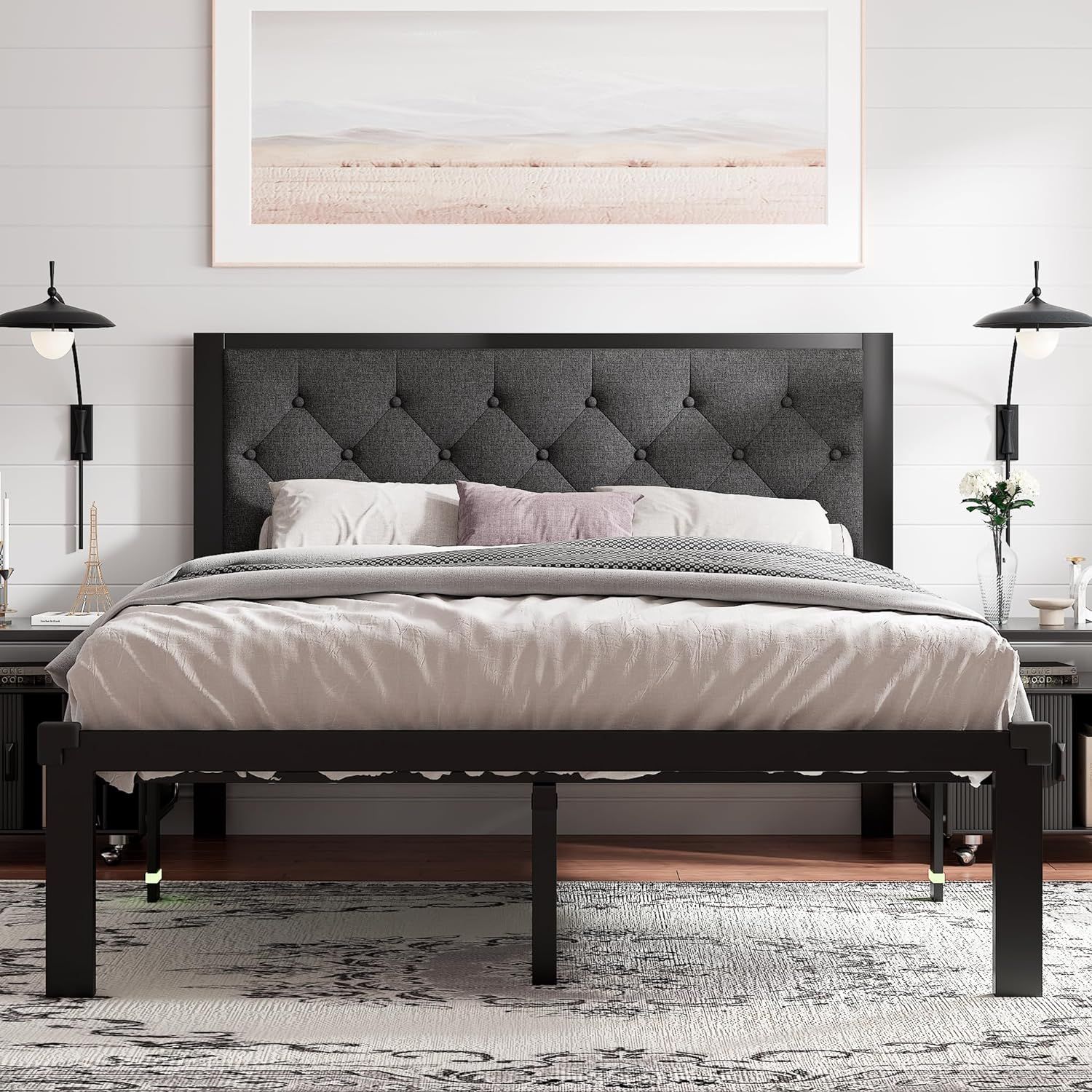 Black Twin Metal Bed Frame with Upholstered Headboard