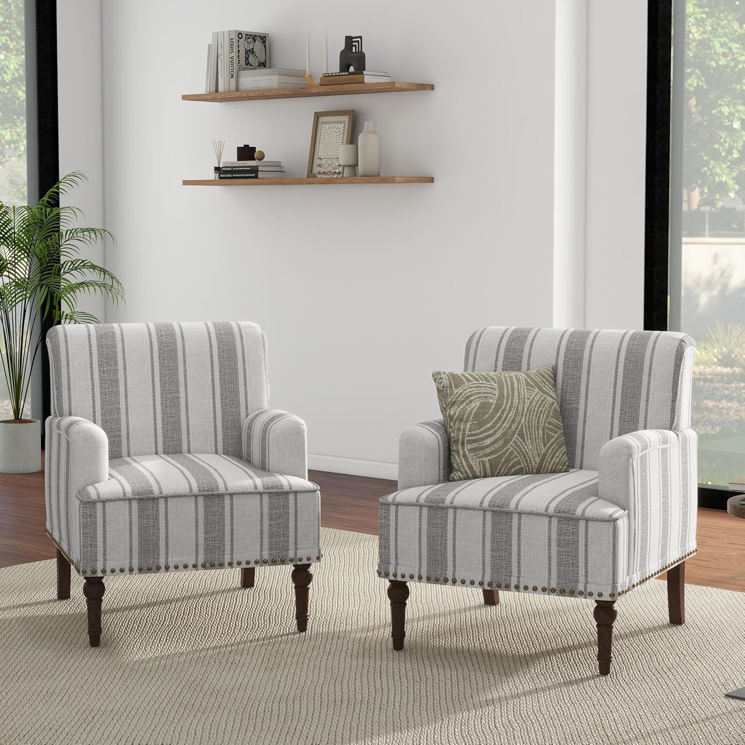 Gray Striped Barrel Accent Chair with Nailhead Trim