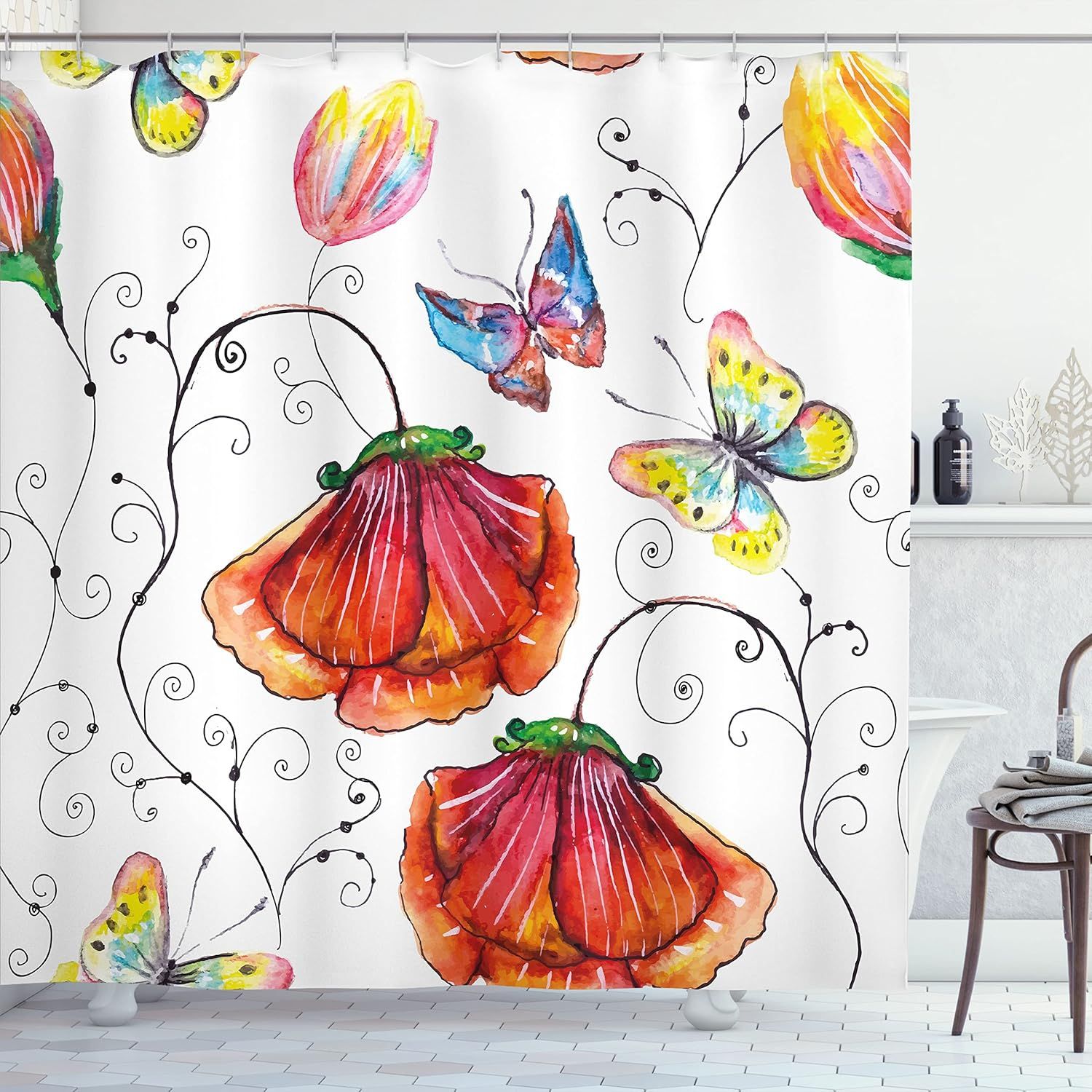 Watercolor Floral and Butterfly Polyester Shower Curtain, 69" W x 70" L, Multicolor