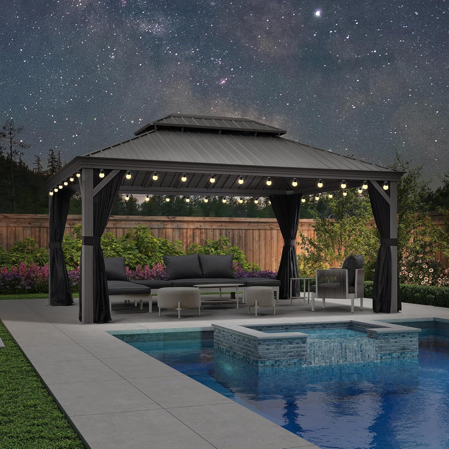 Light Grey 12' x 16' Hardtop Aluminum Gazebo with String Lights