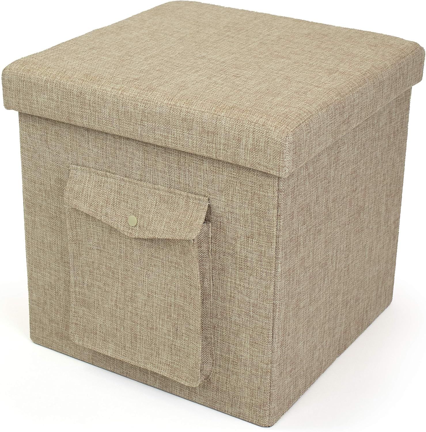 Heathered Khaki Folding Storage Ottoman with Exterior Pocket