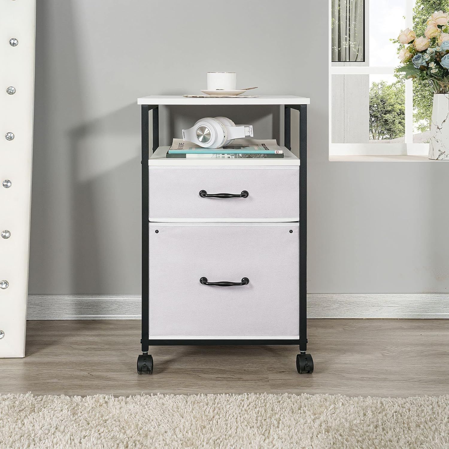 White Rolling 2-Drawer Office Storage Cabinet with Shelf