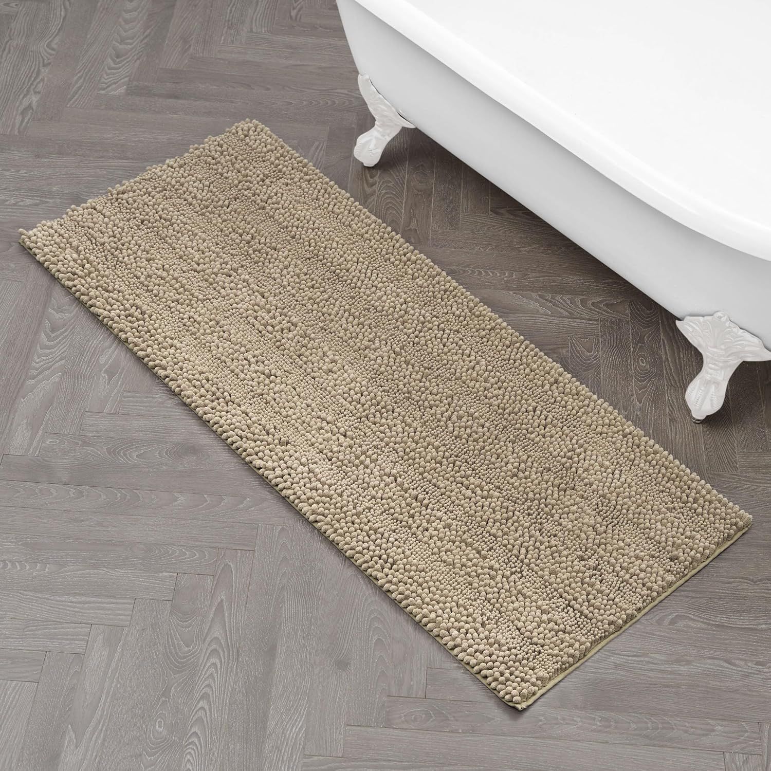 Linen Beige Chenille Non-Slip Polyester Bath Mat, 24" x 60"