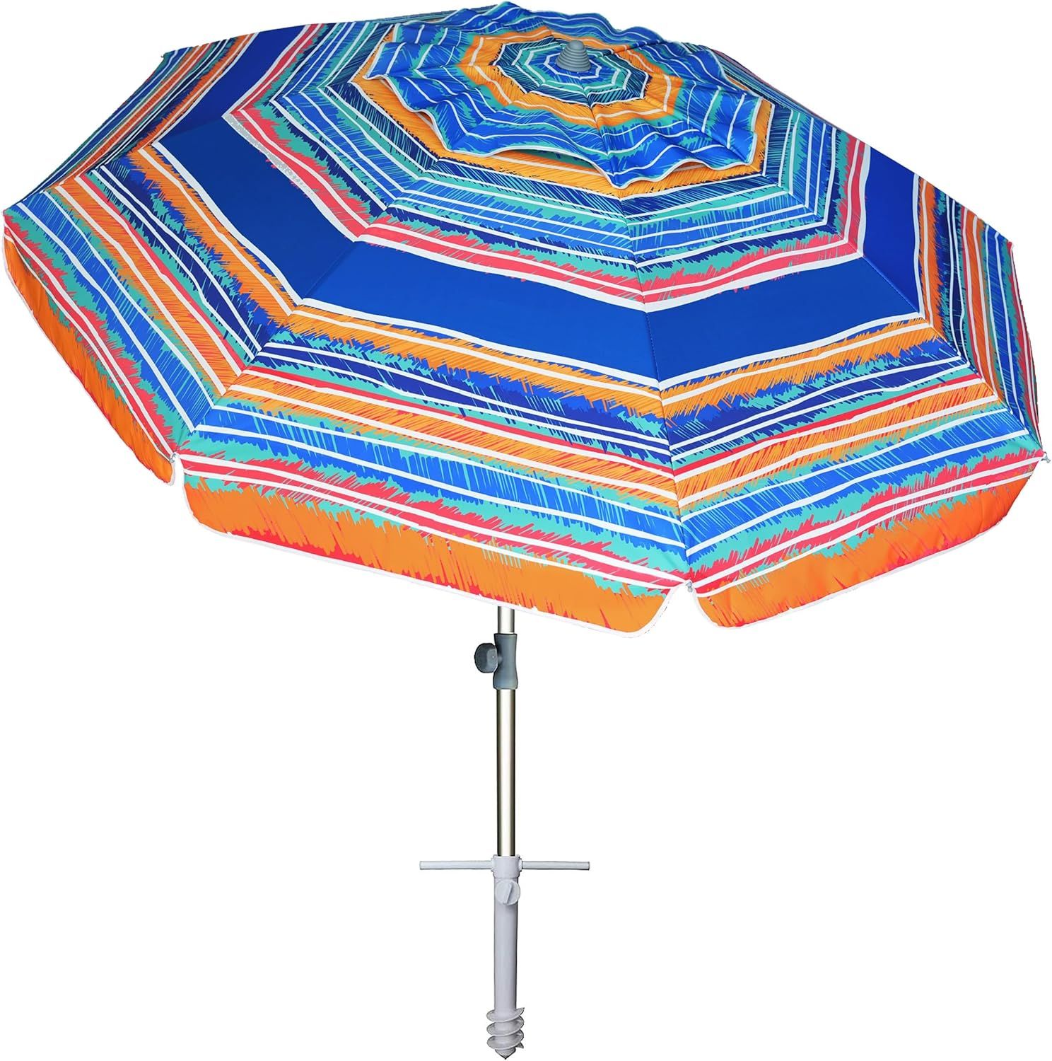 7ft Multicolor Blue Beach Umbrella with Sand Anchor and Tilt Aluminum Pole