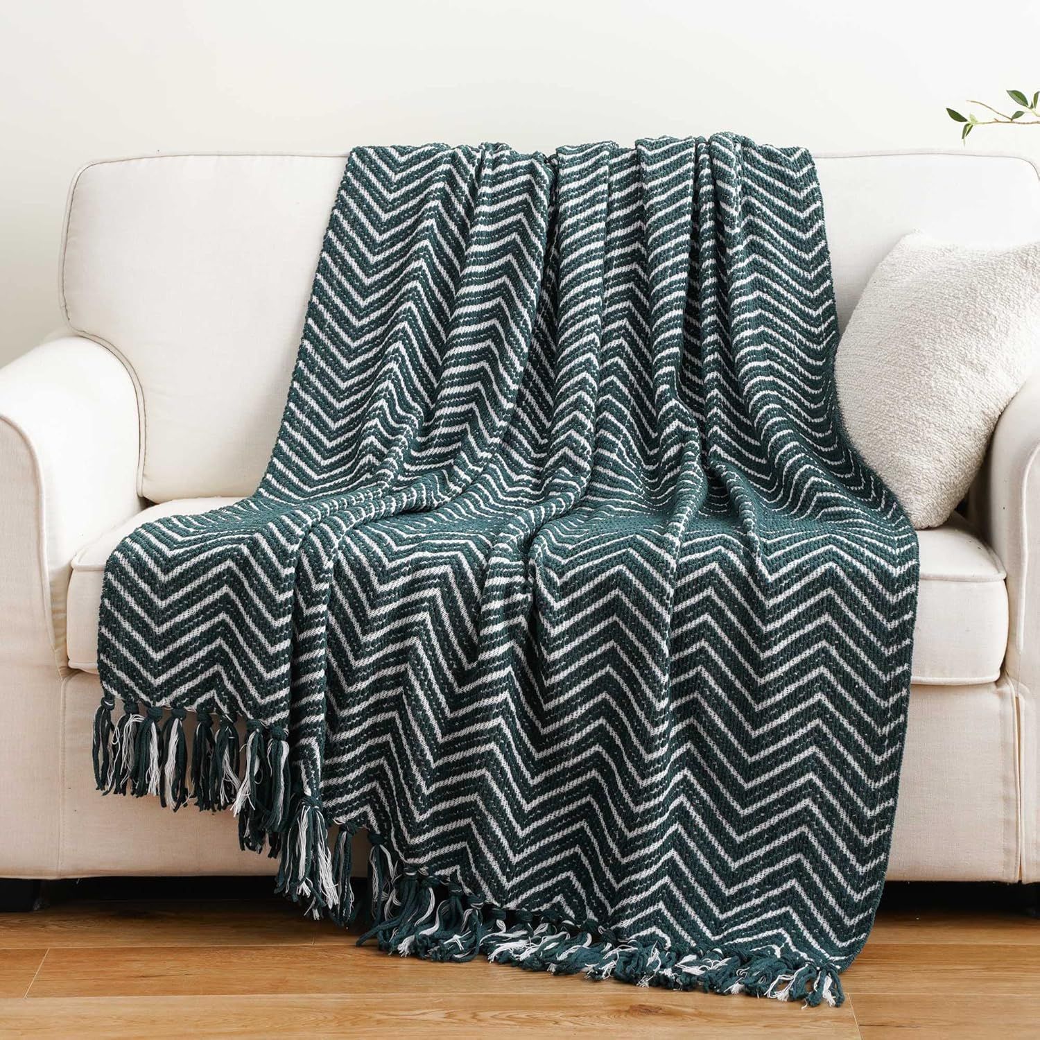 Dark Green and White Knitted Reversible Throw Blanket with Fringe