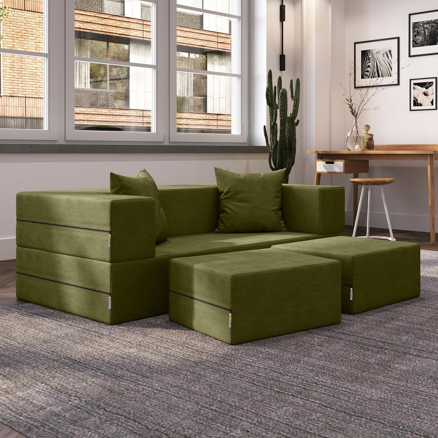 Moss Green Velvet Convertible Queen Loveseat with Ottoman