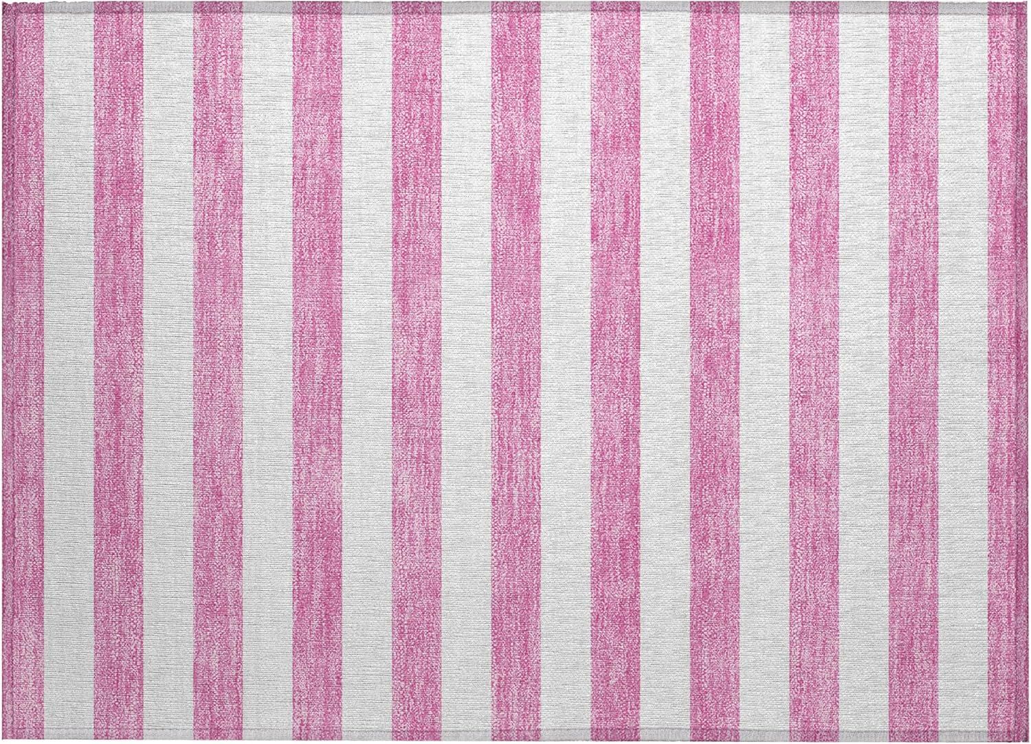 Pink and White Striped Synthetic Washable Area Rug