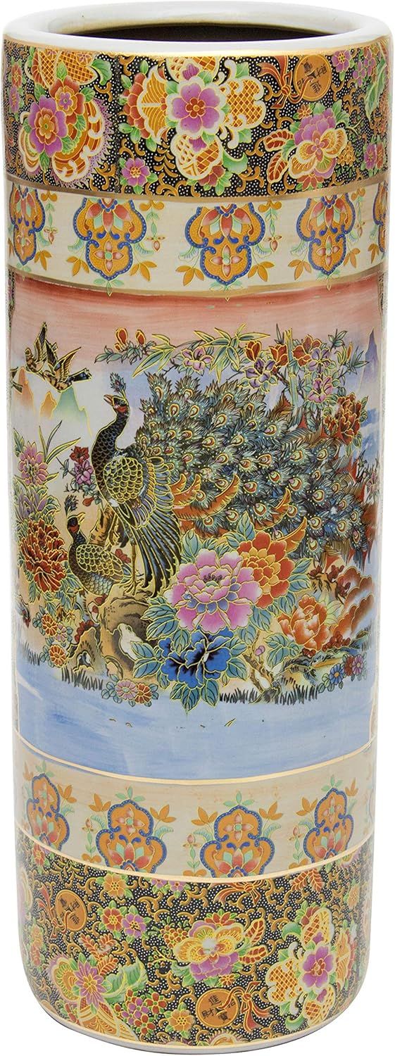 24" Multicolor Porcelain Umbrella Stand with Peacock and Floral Design